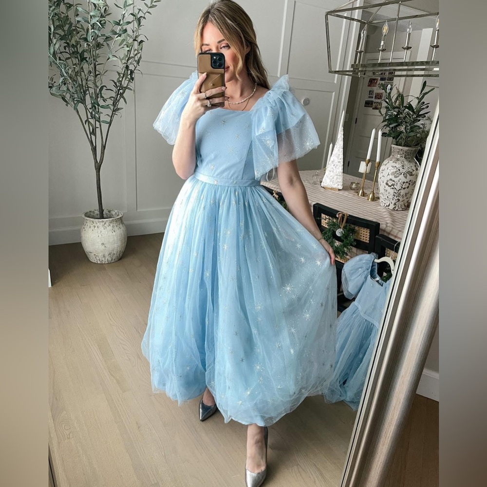 NEW Ivy City Co. Jayne Snowflake Short Sleeve Long Dress Light Blue Medium M NWT